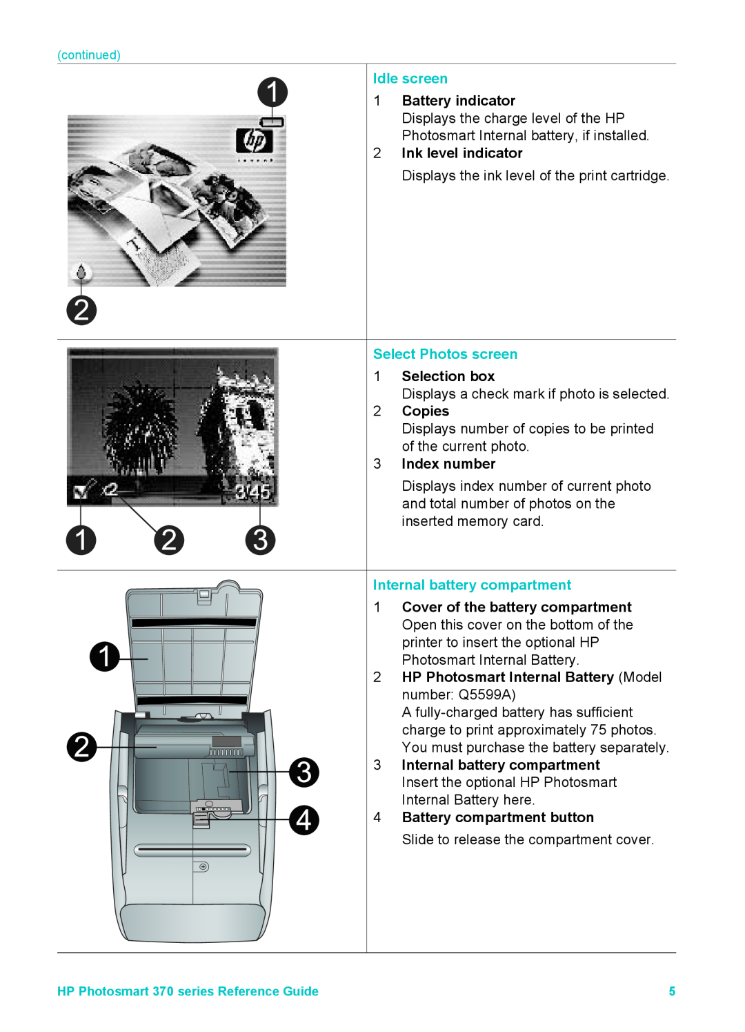 Olympus 370 series manual Idle screen, Battery indicator, Ink level indicator, Select Photos screen 1 Selection box, Copies 