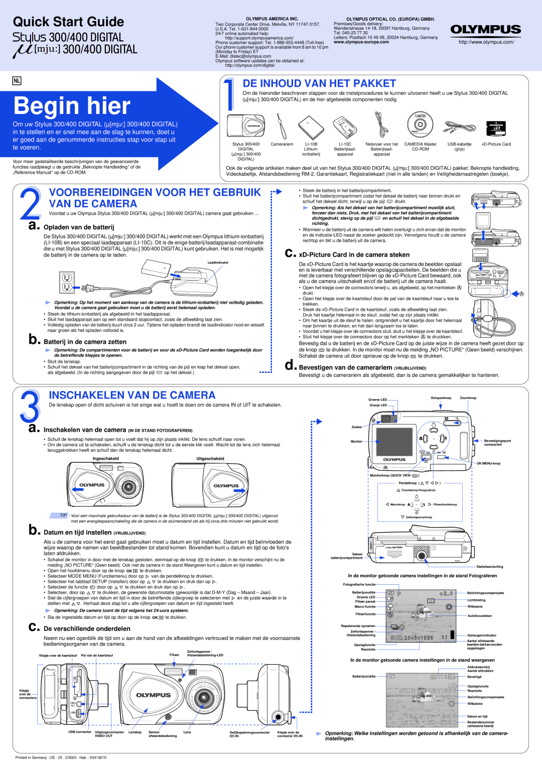 Olympus 300, 400 quick start DE Inhoud VAN HET Pakket, Voorbereidingen Voor HET Gebruik VAN DE Camera 
