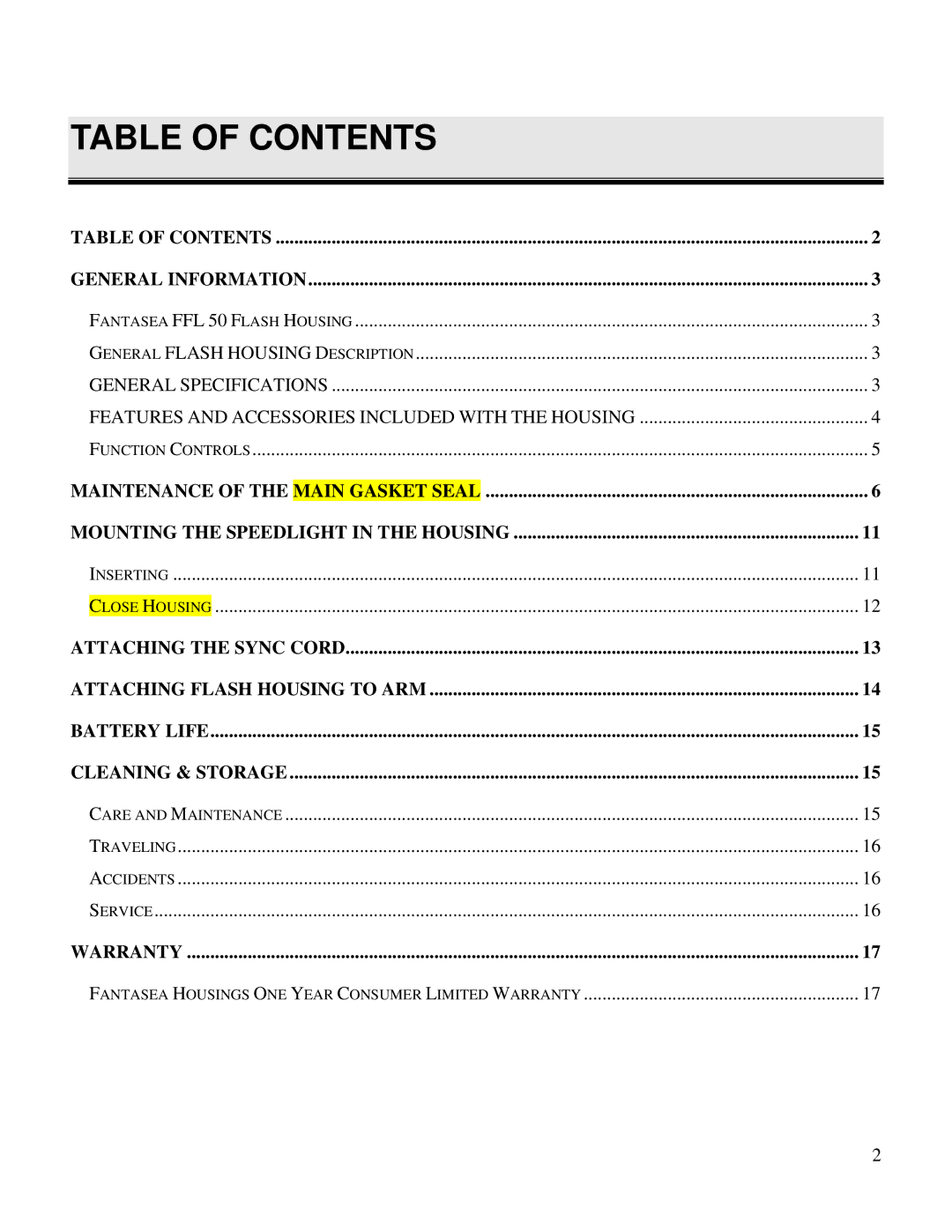 Olympus FFL 50 manual Table of Contents 