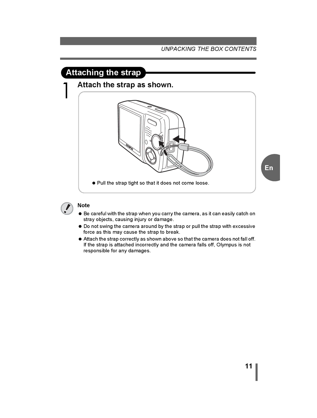 Olympus 500 manual Attaching the strap, Attach the strap as shown 