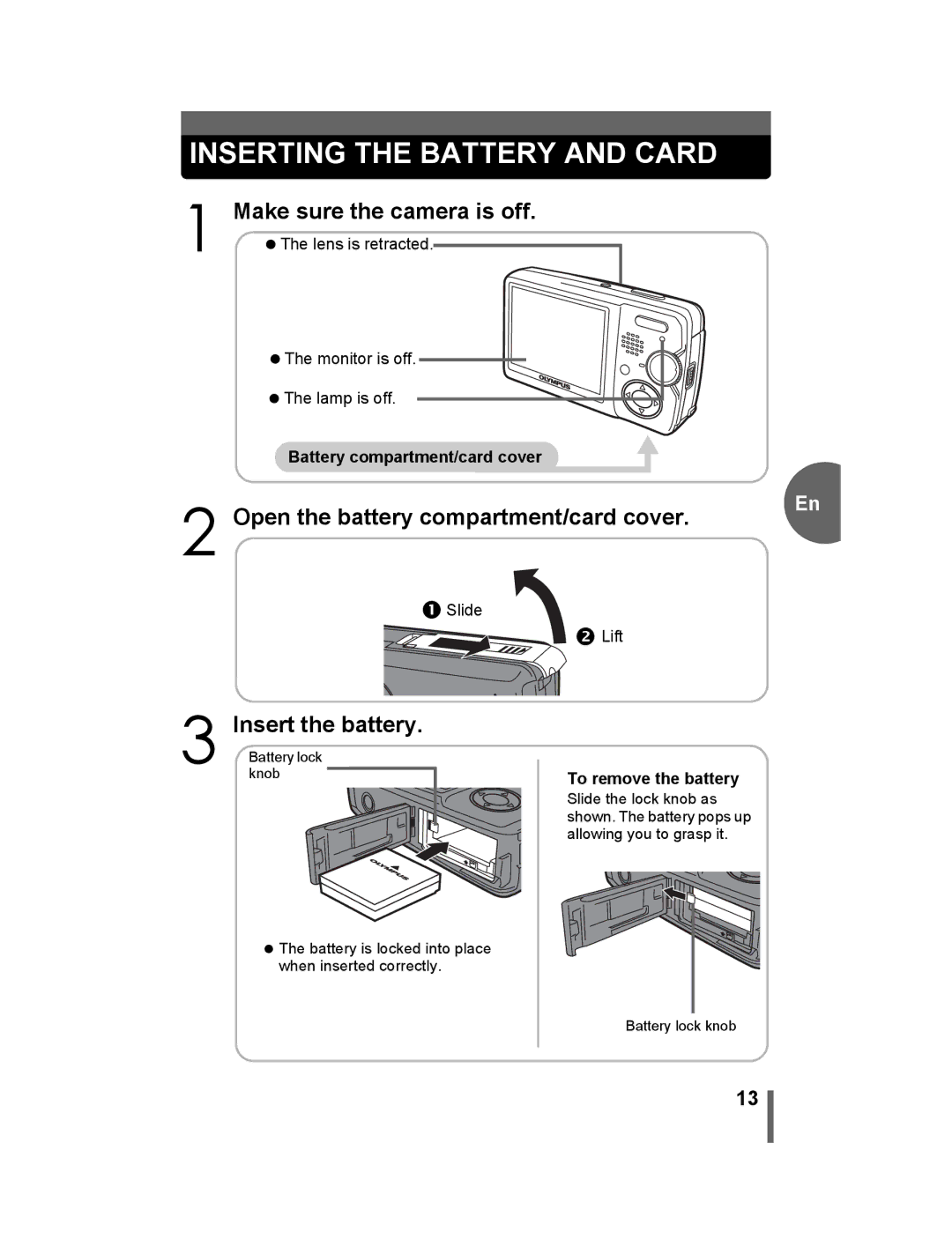 Olympus 500 manual Inserting the Battery and Card, Make sure the camera is off, Open the battery compartment/card cover 