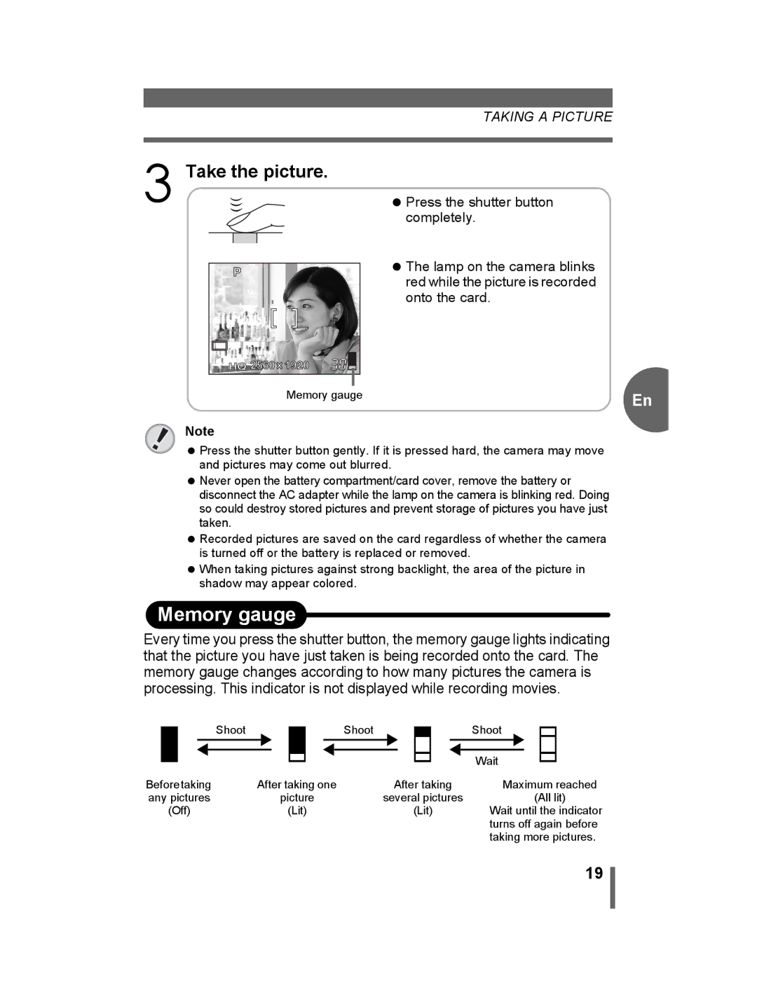 Olympus 500 manual Memory gauge, Take the picture 