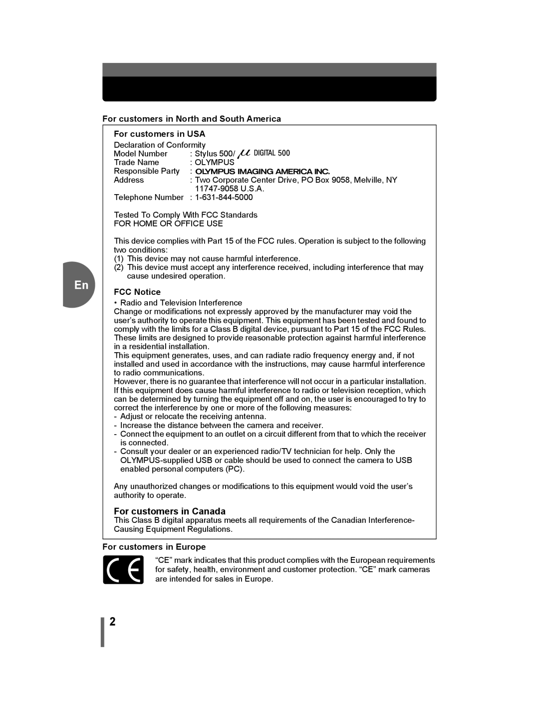 Olympus 500 manual For customers in Canada, FCC Notice, For customers in Europe 