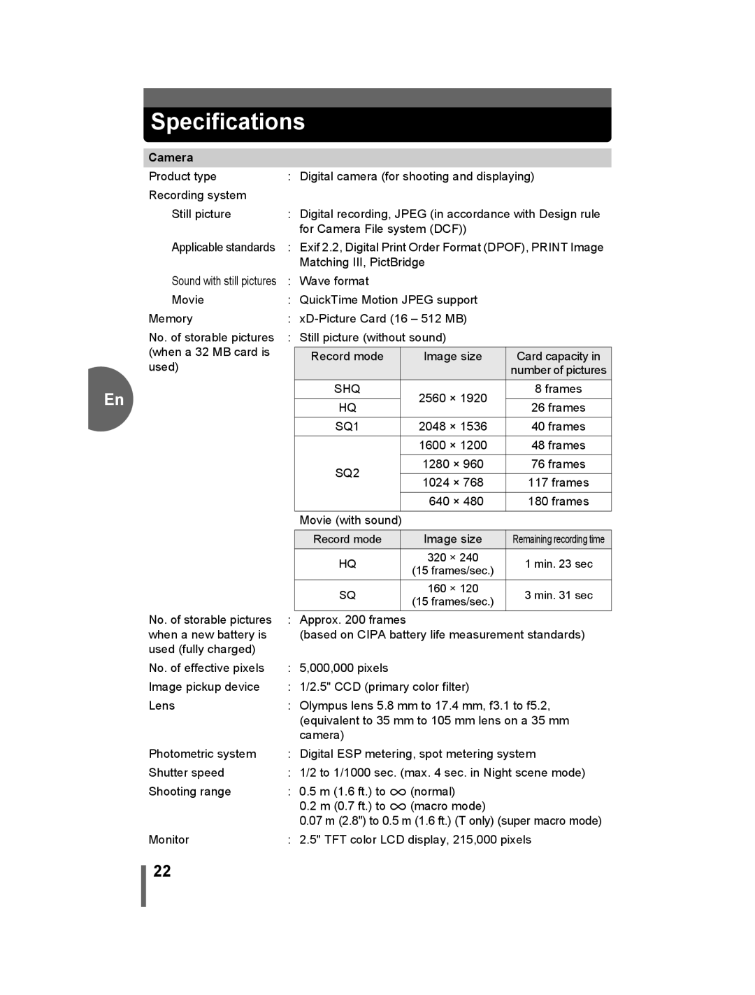 Olympus 500 manual Specifications, Camera 