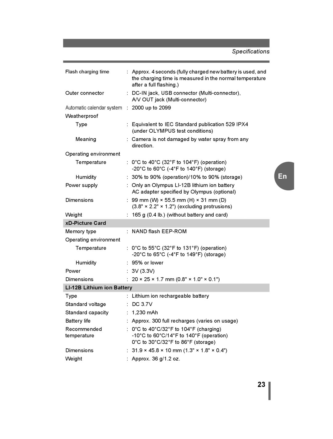 Olympus 500 manual XD-Picture Card, LI-12B Lithium ion Battery 