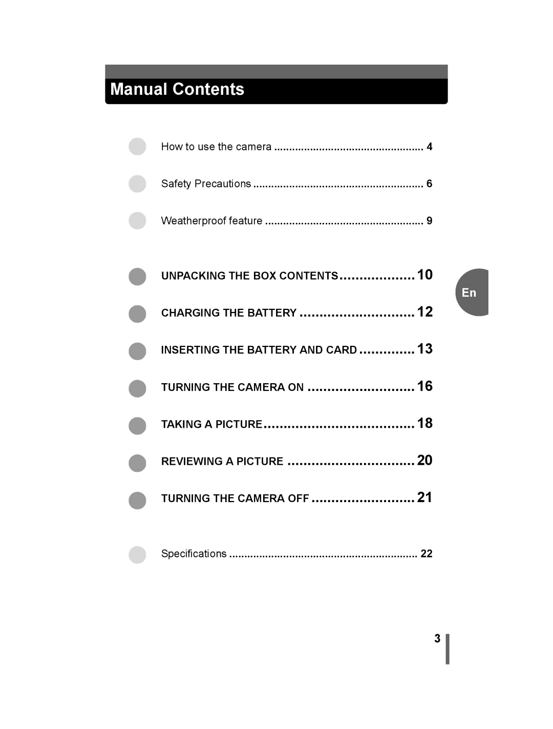 Olympus 500 manual Manual Contents 