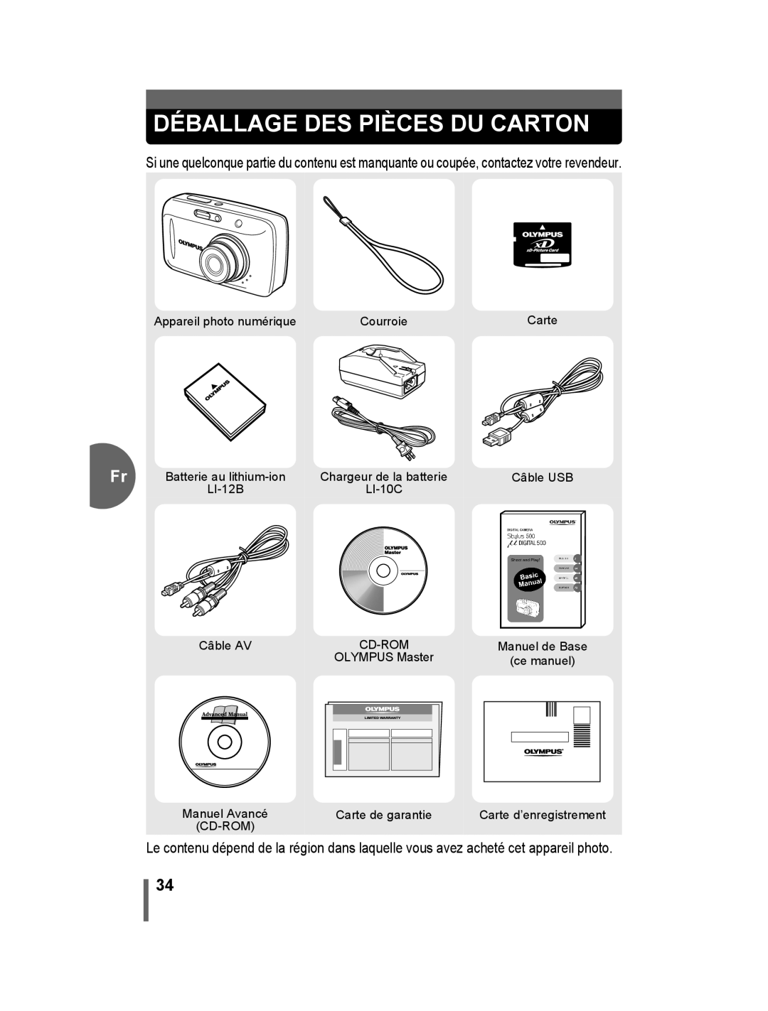 Olympus 500 manual Déballage DES Pièces DU Carton 