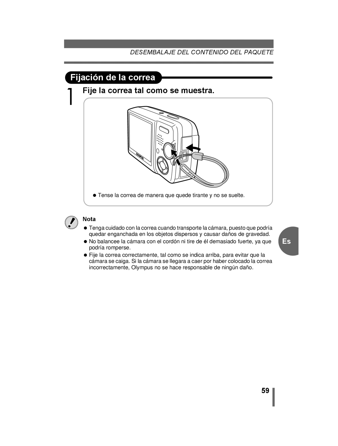Olympus 500 manual Fijación de la correa, Fije la correa tal como se muestra, Nota 