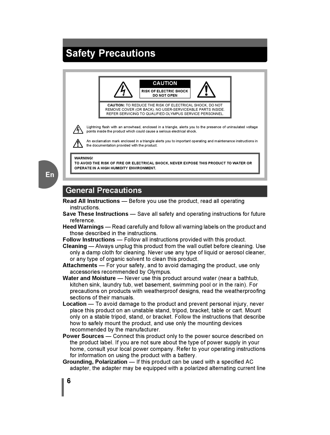 Olympus 500 manual Safety Precautions, Risk of Electric Shock Do not Open 