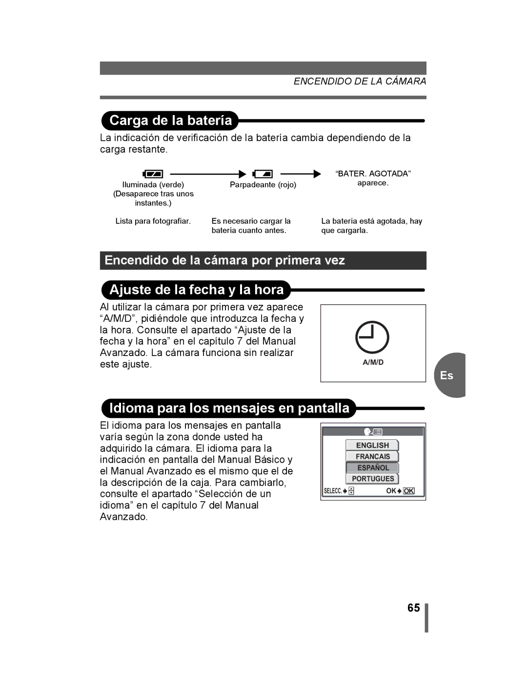 Olympus 500 manual Carga de la batería, Ajuste de la fecha y la hora, Idioma para los mensajes en pantalla 