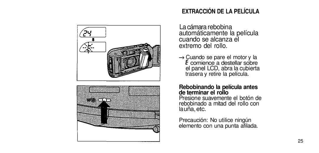 Olympus 80 manual Extracción DE LA Película, El panel LCD, abra la cubierta Trasera y retire la película 