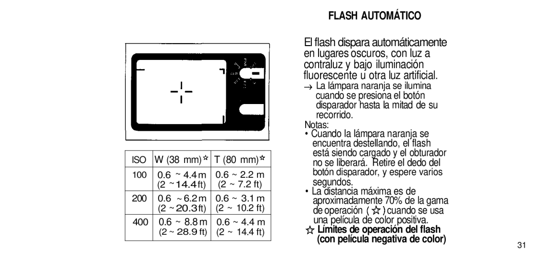 Olympus manual Flash Automático, 38 mm 80 mm, De operación cuando se usa Una película de color positiva 