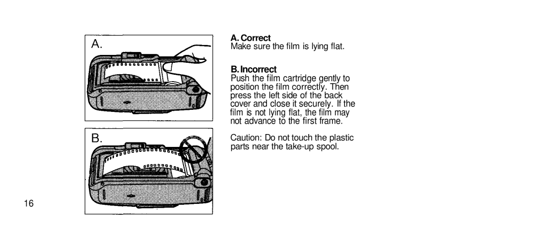 Olympus 80S manual Correct, Make sure the film is lying flat, Incorrect, Push the film cartridge gently to 