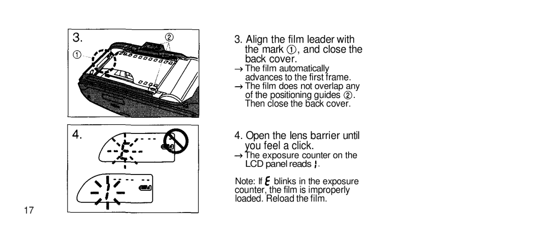 Olympus 80S manual Align the film leader with the mark , and close Back cover, Open the lens barrier until 