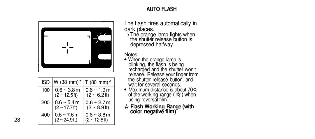 Olympus 80S manual Auto Flash, Flash fires automatically in dark places, Flash Working Range with 