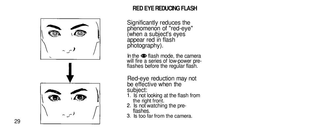 Olympus 80S manual RED EYE Reducing Flash, Red-eye reduction may not be effective when the subject, Flashes 