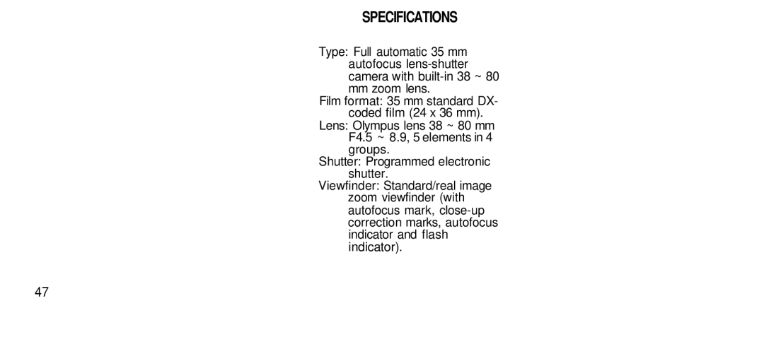 Olympus 80S manual Specifications 