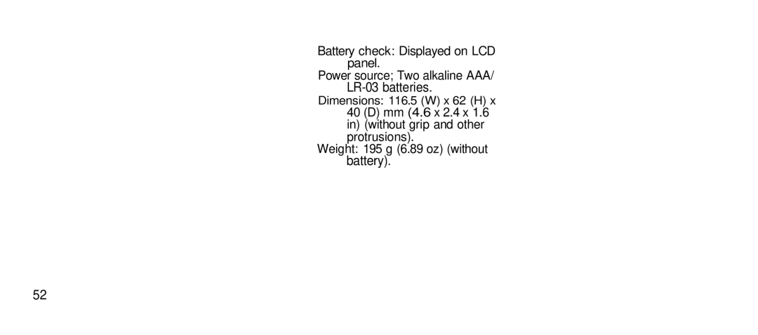 Olympus 80S manual Dimensions 116.5 W x 62 H 