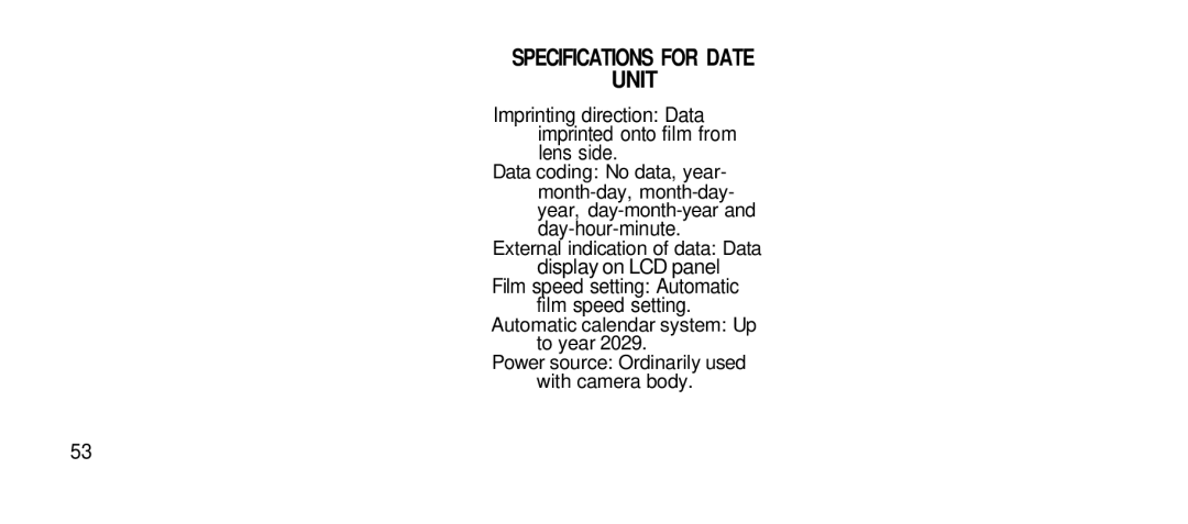 Olympus 80S manual Specifications for Date Unit, Day-hour-minute External indication of data Data 