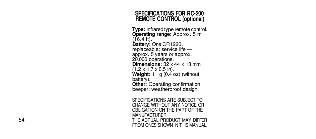 Olympus 80S manual Specifications for RC-200, X 1.7 x 0.5 