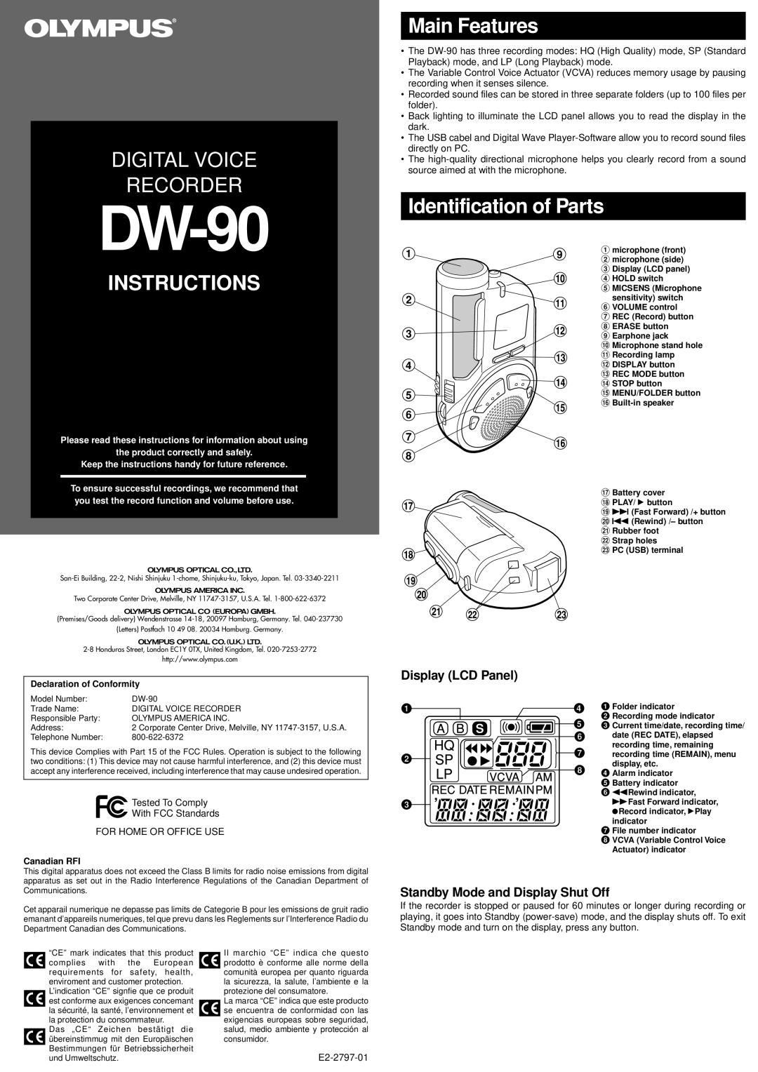 Olympus 90 manual Instructions, Main Features, Identification of Parts, Display LCD Panel 