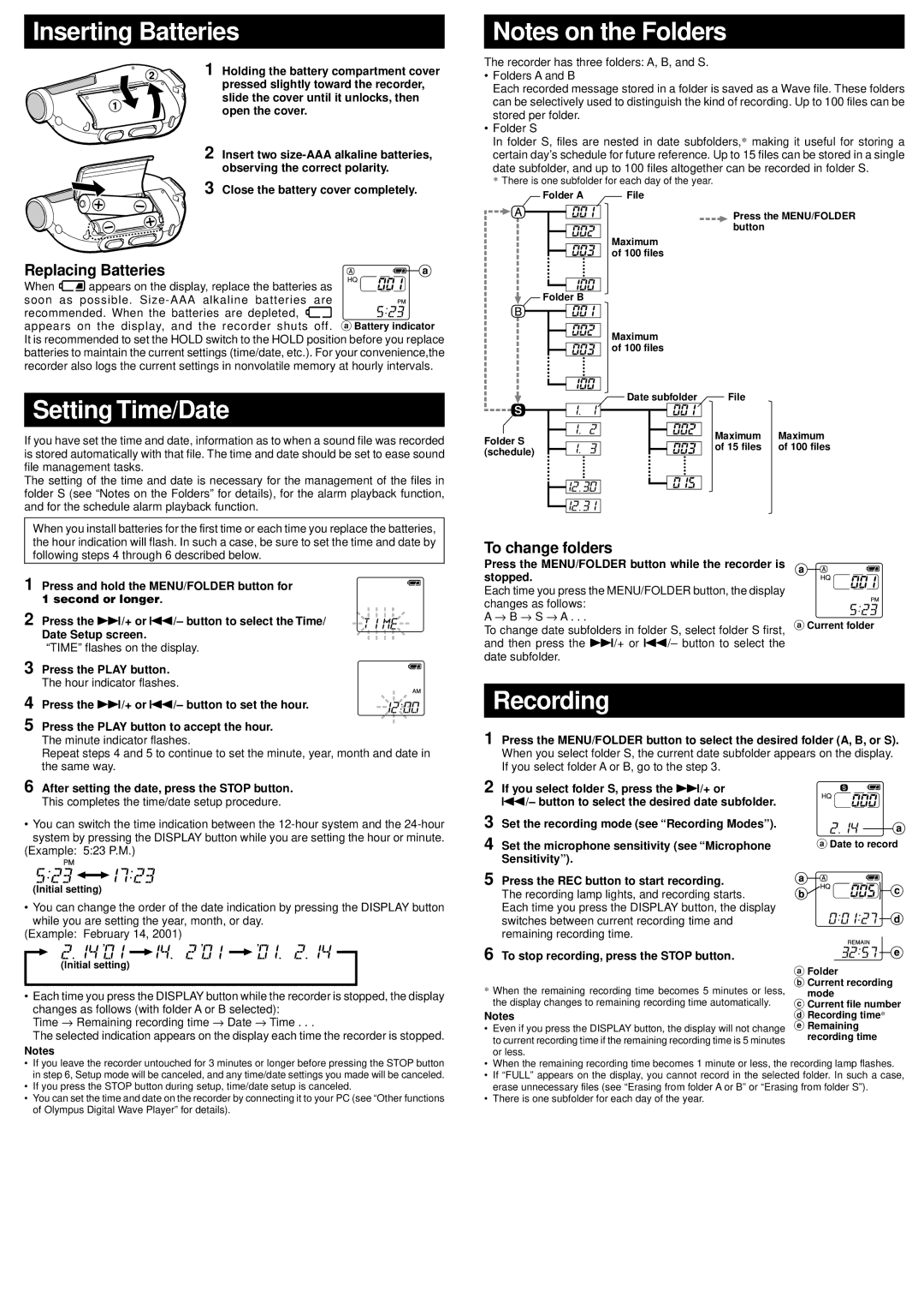 Olympus 90 manual Inserting Batteries, Setting Time/Date, Recording, Replacing Batteries, To change folders 