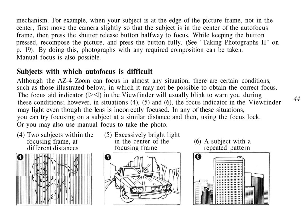 Olympus AZ-4 Zoom manual Subjects with which autofocus is difficult 