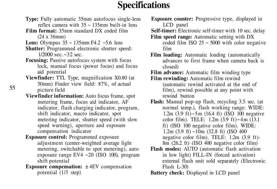 Olympus AZ-4 Zoom manual Specifications, Exposure compensation ± 4EV compensation potential 1/3 step 