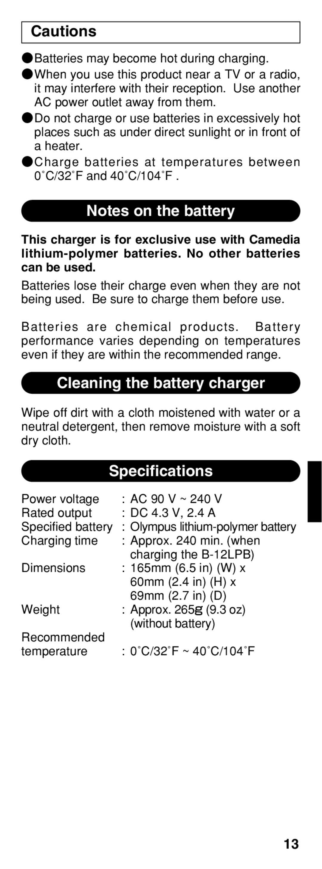 Olympus B-20 LPC instruction manual Cleaning the battery charger, Specifications 