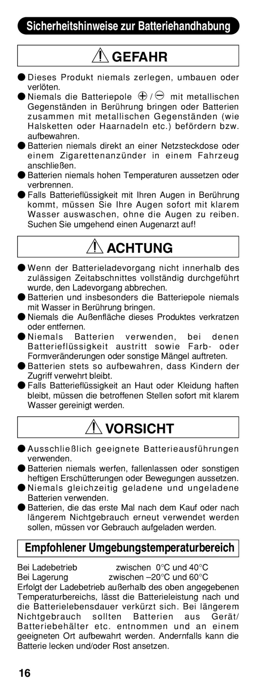 Olympus B-20 LPC instruction manual Gefahr, Empfohlener Umgebungstemperaturbereich 