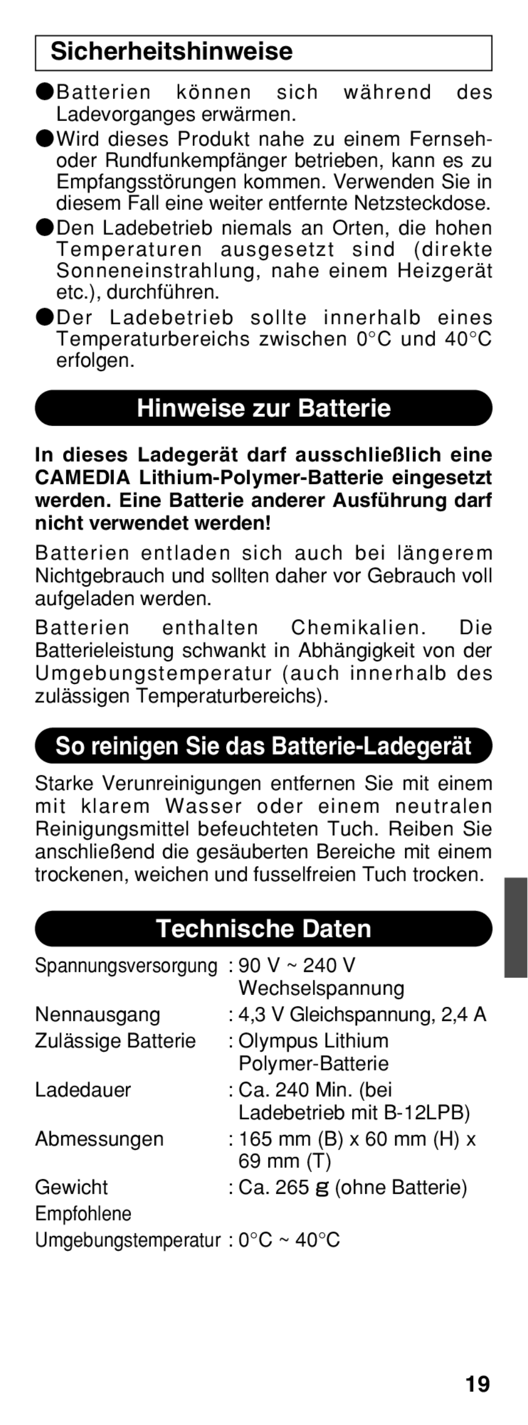 Olympus B-20 LPC instruction manual Hinweise zur Batterie, So reinigen Sie das Batterie-Ladegerät, Technische Daten 