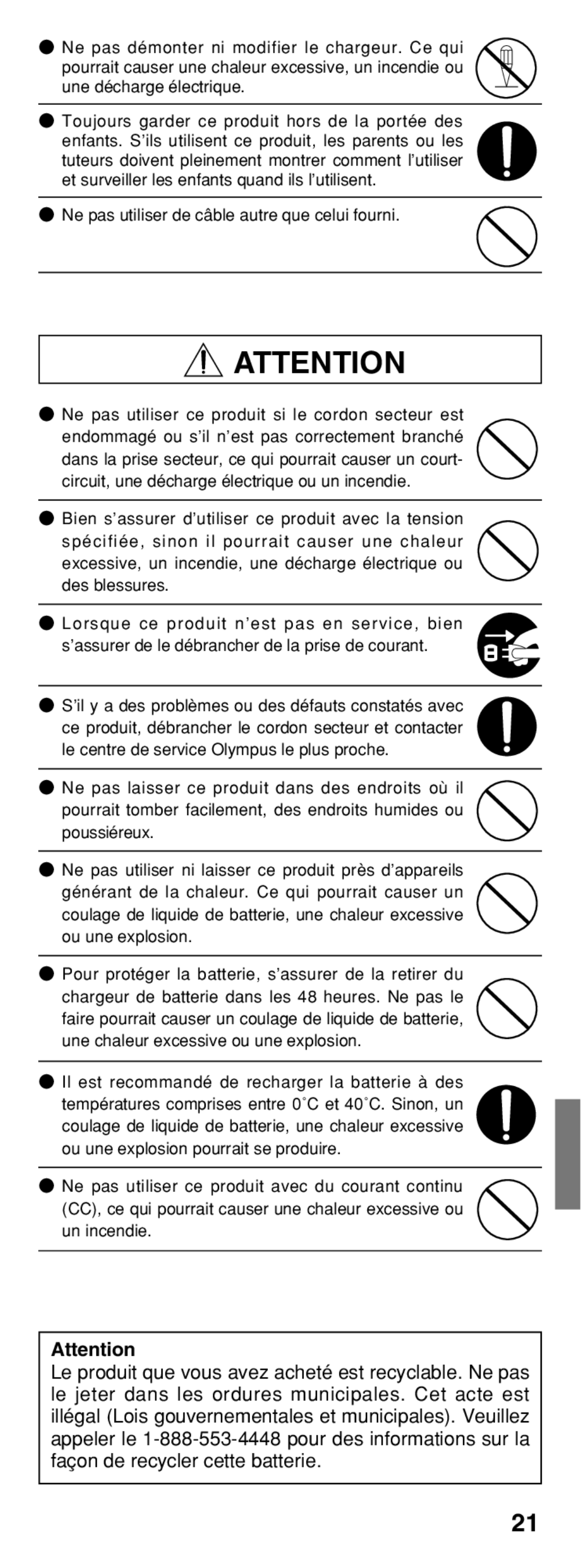 Olympus B-20 LPC instruction manual Ne pas utiliser de câble autre que celui fourni 