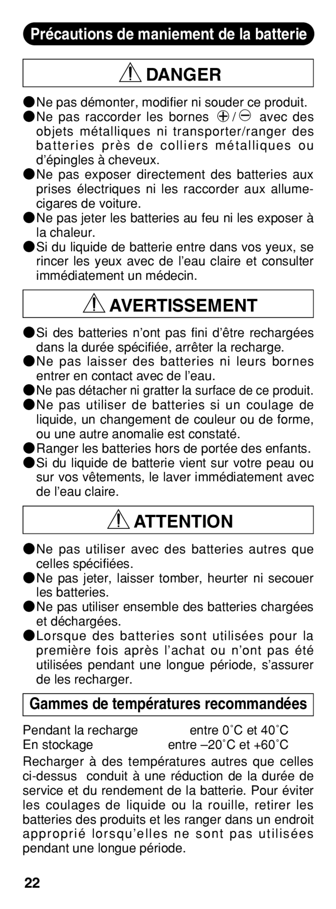 Olympus B-20 LPC instruction manual Précautions de maniement de la batterie 