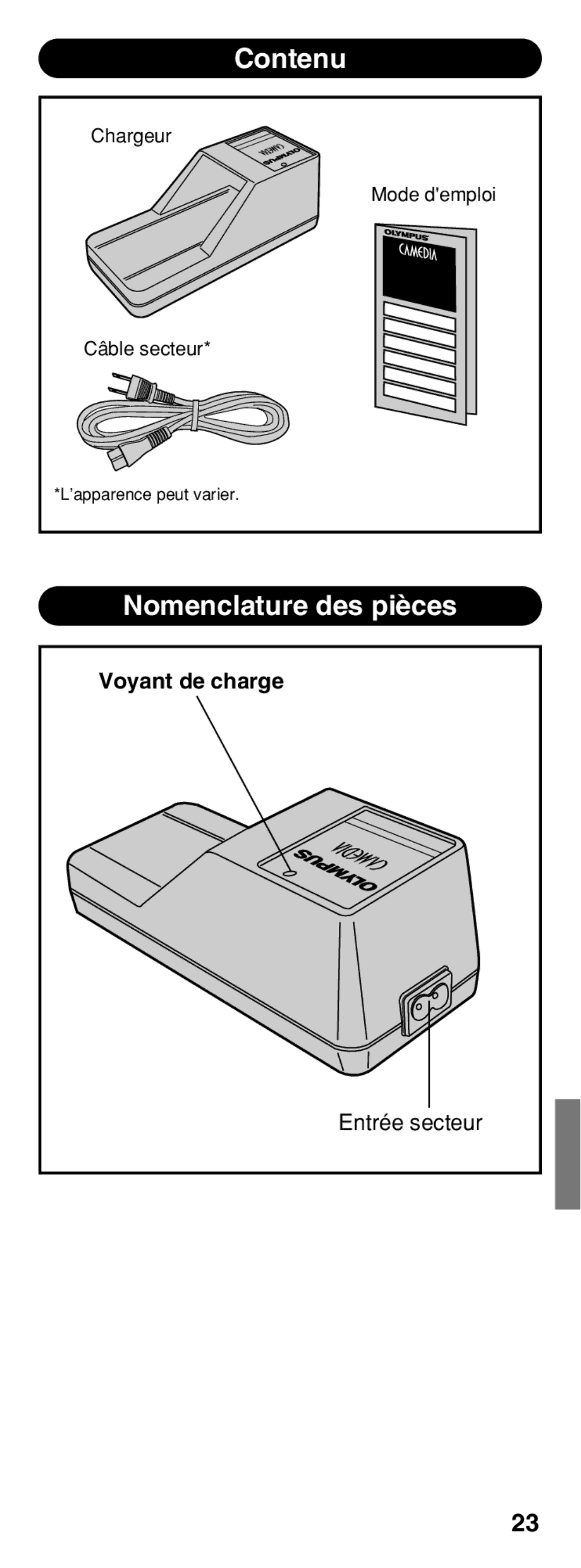 Olympus B-20 LPC instruction manual Contenu, Nomenclature des pièces 