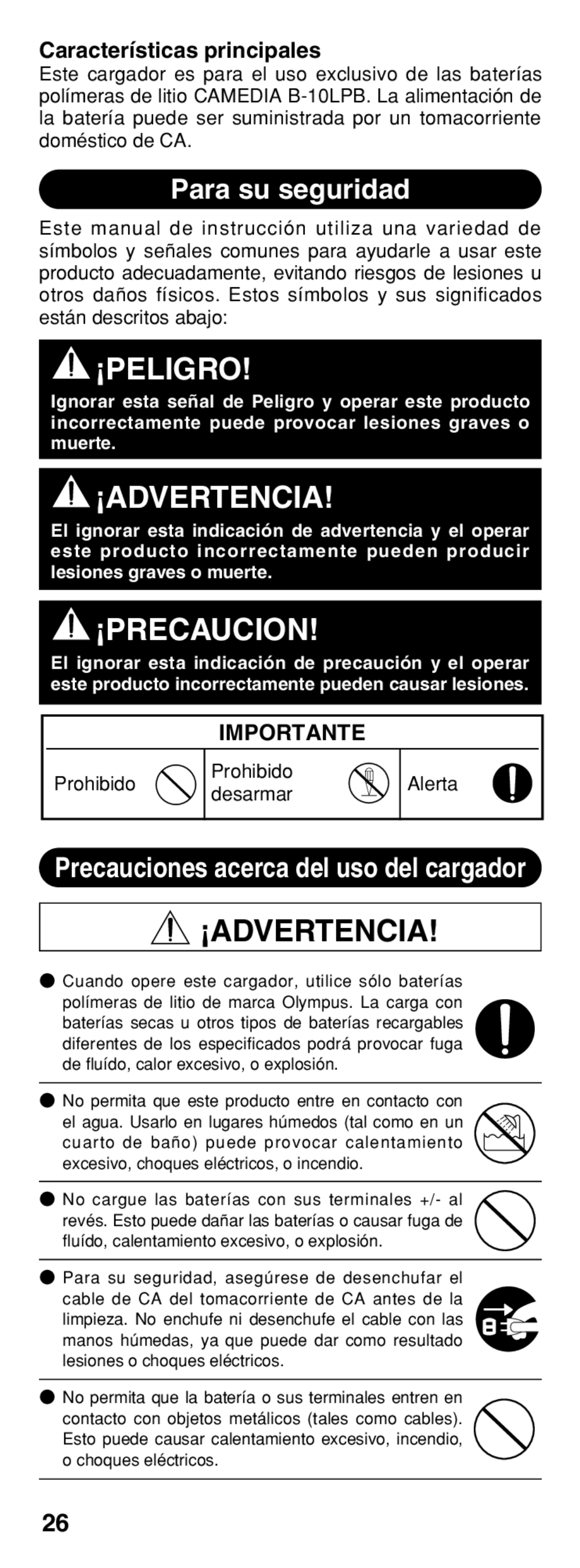 Olympus B-20 LPC instruction manual ¡Advertencia, Para su seguridad 