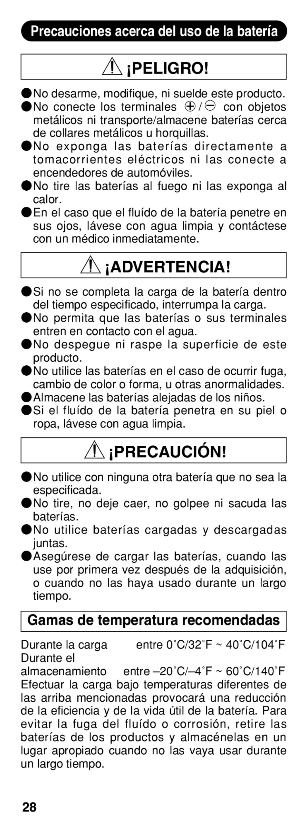 Olympus B-20 LPC instruction manual ¡Peligro, Gamas de temperatura recomendadas 