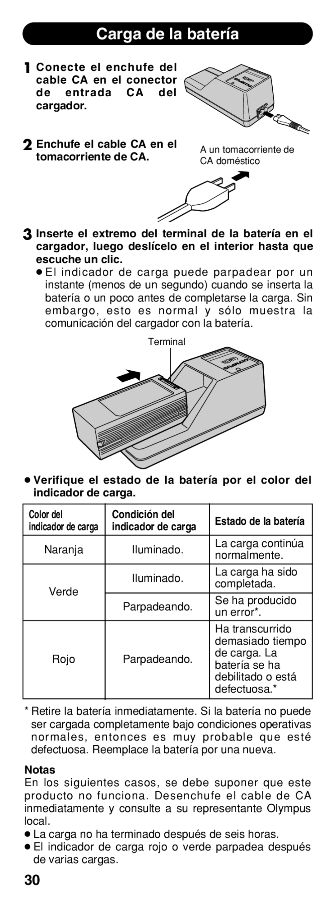 Olympus B-20 LPC instruction manual Carga de la batería, Indicador de carga, Notas 