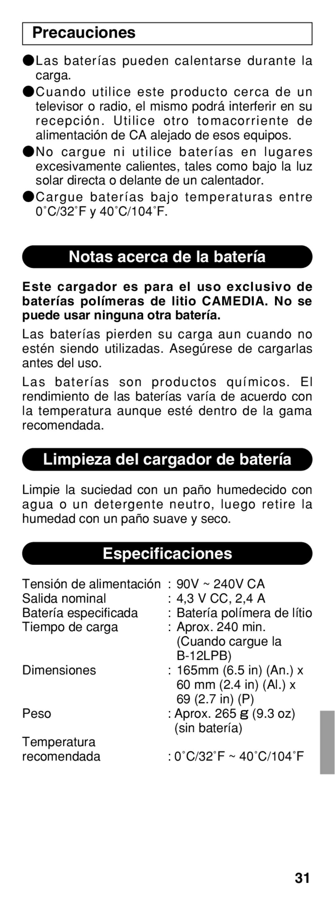 Olympus B-20 LPC instruction manual Notas acerca de la batería, Limpieza del cargador de batería, Especificaciones 