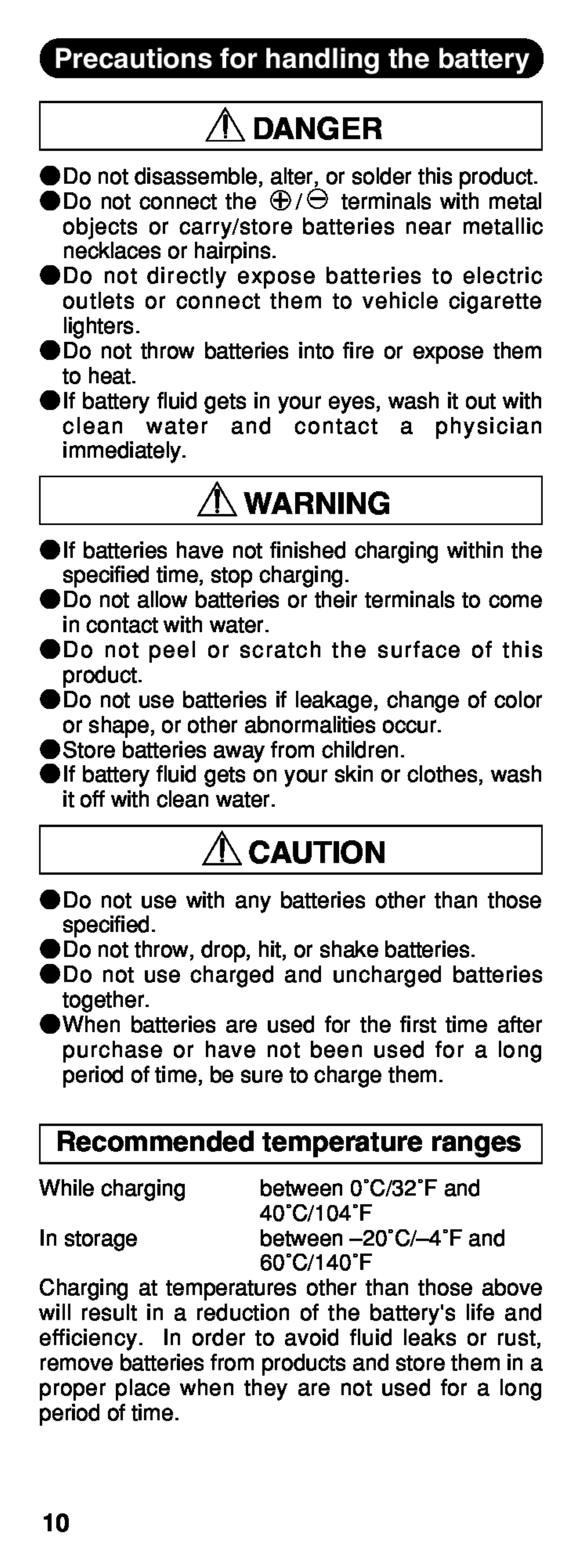Olympus B-20 LPC instruction manual Danger, Precautions for handling the battery, Recommended temperature ranges 