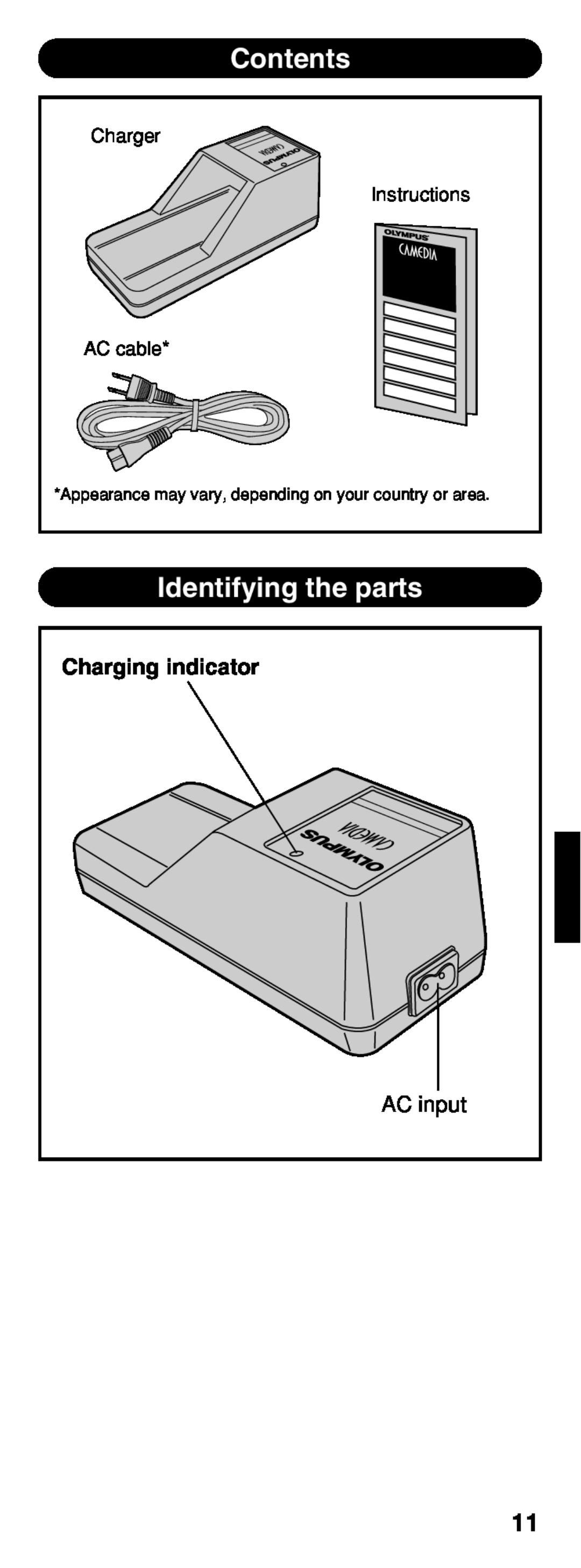 Olympus B-20 LPC instruction manual Contents, Identifying the parts, Charging indicator 
