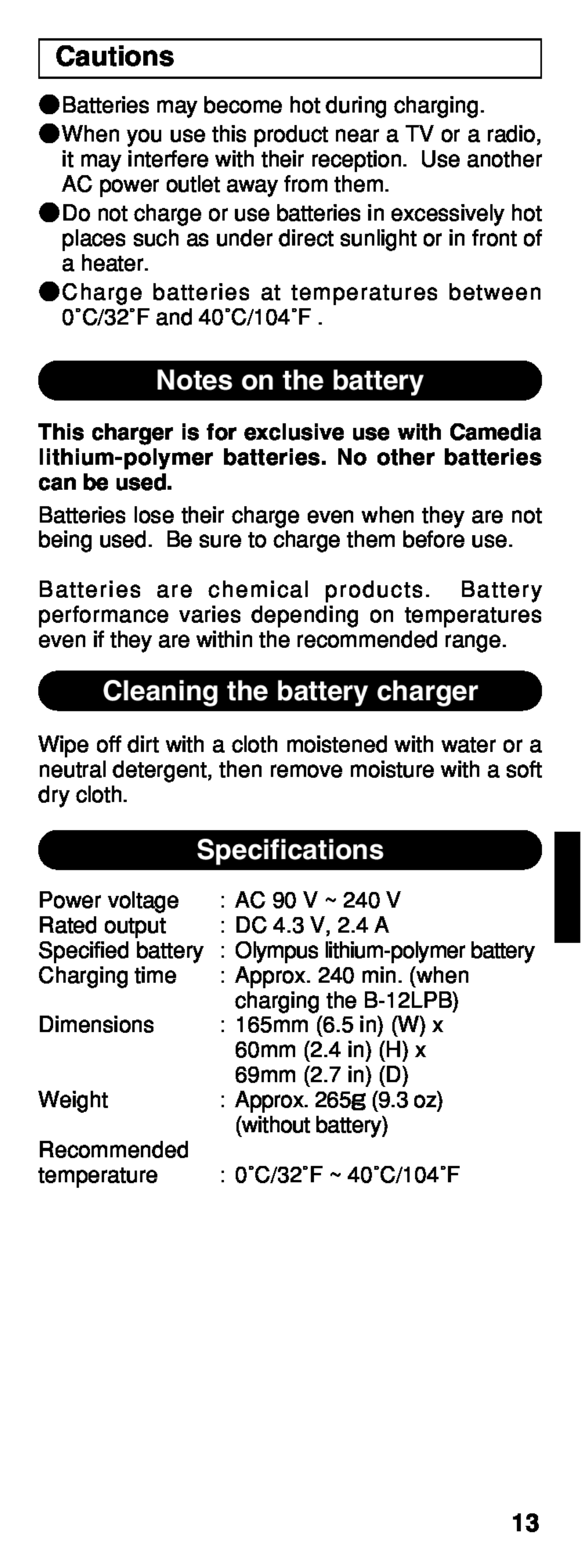 Olympus B-20 LPC instruction manual Cautions, Notes on the battery, Cleaning the battery charger, Specifications 