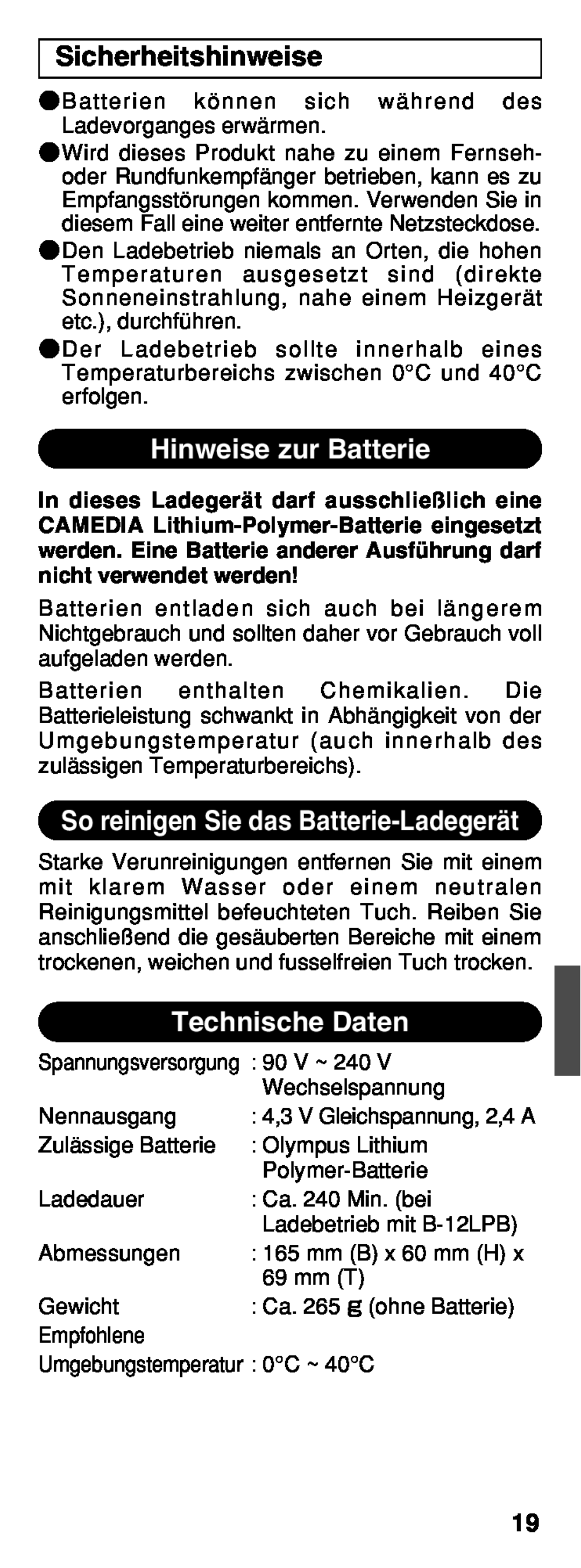 Olympus B-20 LPC Sicherheitshinweise, Hinweise zur Batterie, So reinigen Sie das Batterie-Ladegerät, Technische Daten 