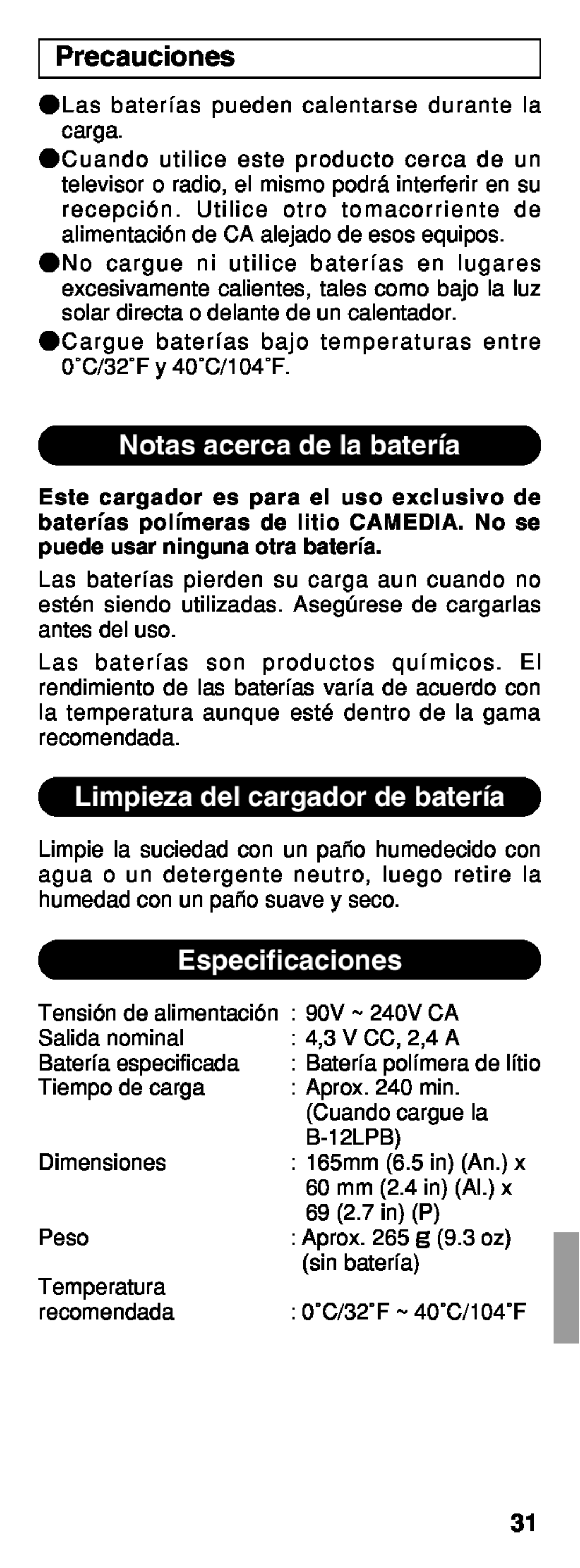 Olympus B-20 LPC Precauciones, Notas acerca de la batería, Limpieza del cargador de batería, Especificaciones 