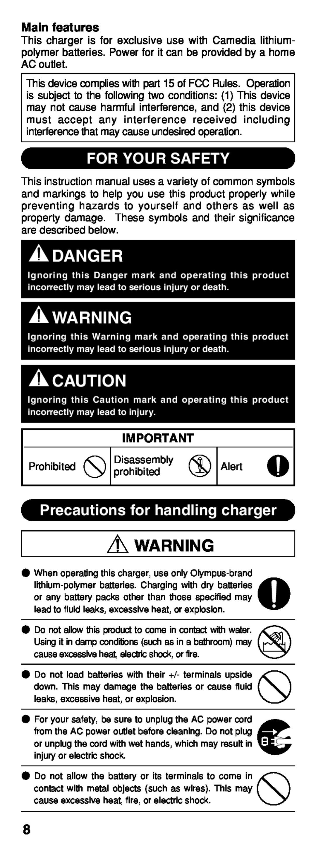 Olympus B-20 LPC instruction manual Danger, For Your Safety, Precautions for handling charger, Main features 