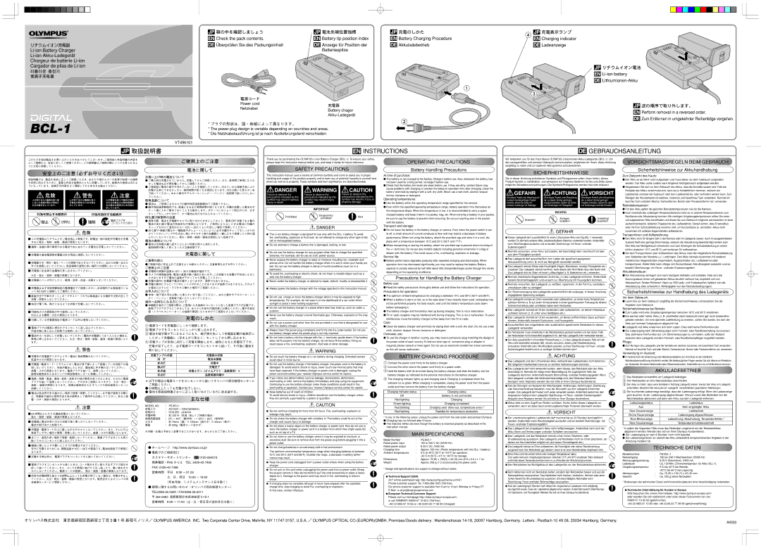 Olympus BCL-1 specifications Safety Precautions, Operating Precautions, Battery Charging Procedure, Main Speci Ations 