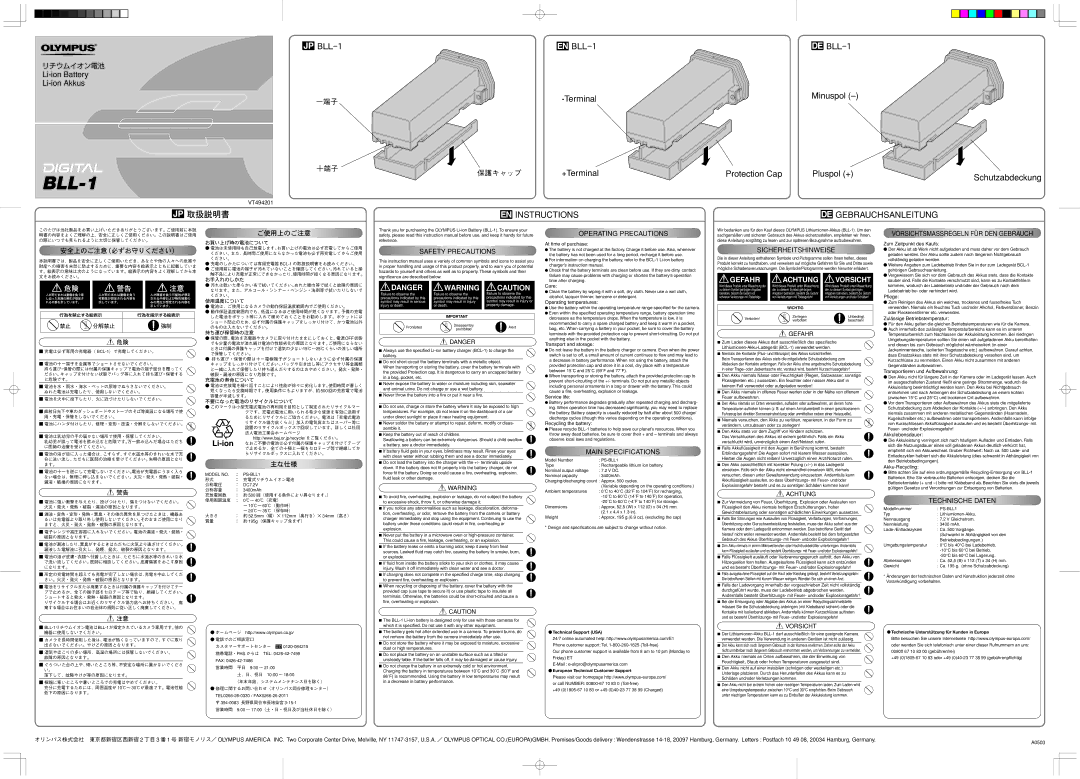 Olympus BLL-1 specifications Safety Precautions, Operating Precautions, Main Specifications, Sicherheitshinweise 