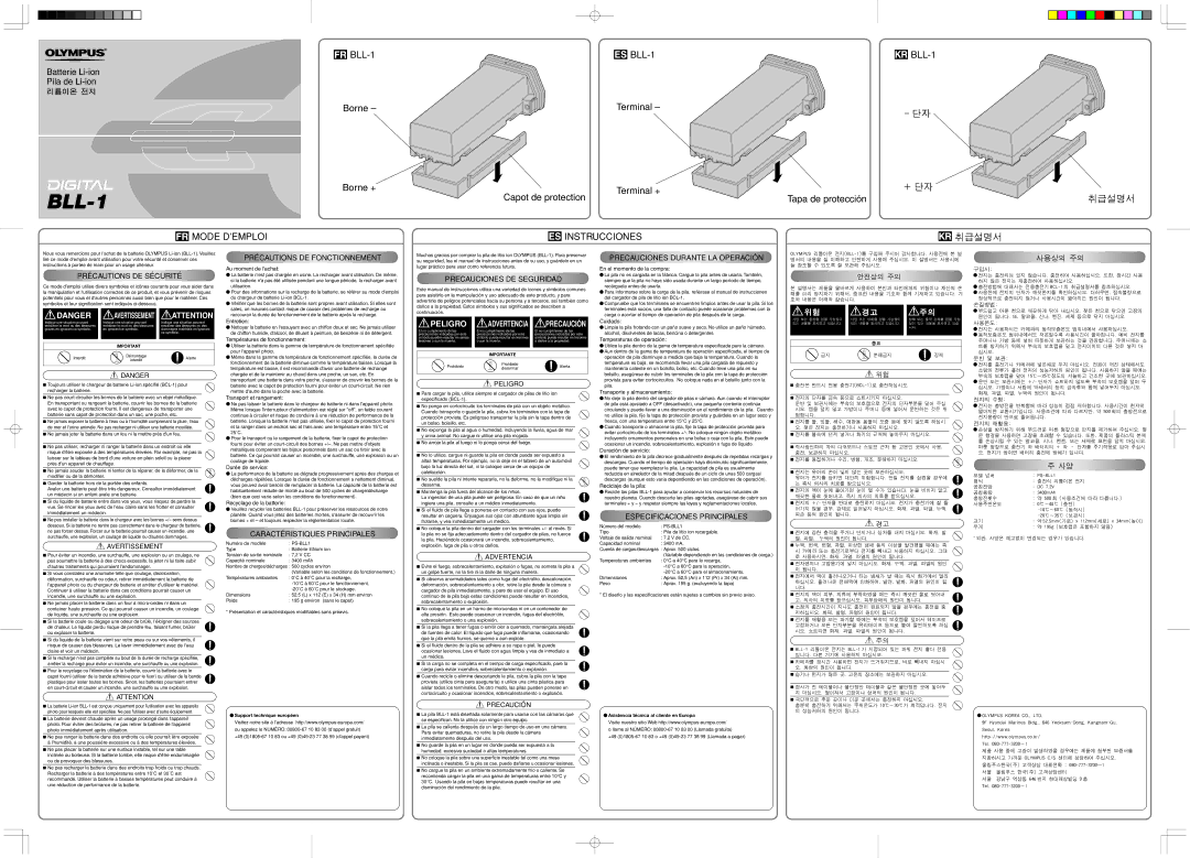 Olympus BLL-1 specifications Précautions DE Sécurité, Précautions DE Fonctionnement, Caractéristiques Principales 