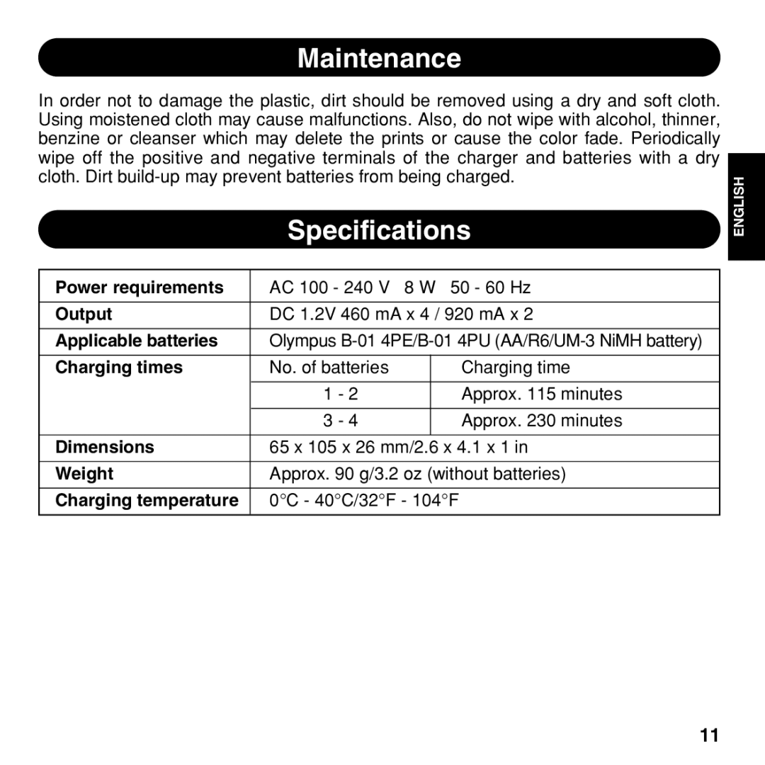 Olympus BU-200 instruction manual Maintenance, Specifications 