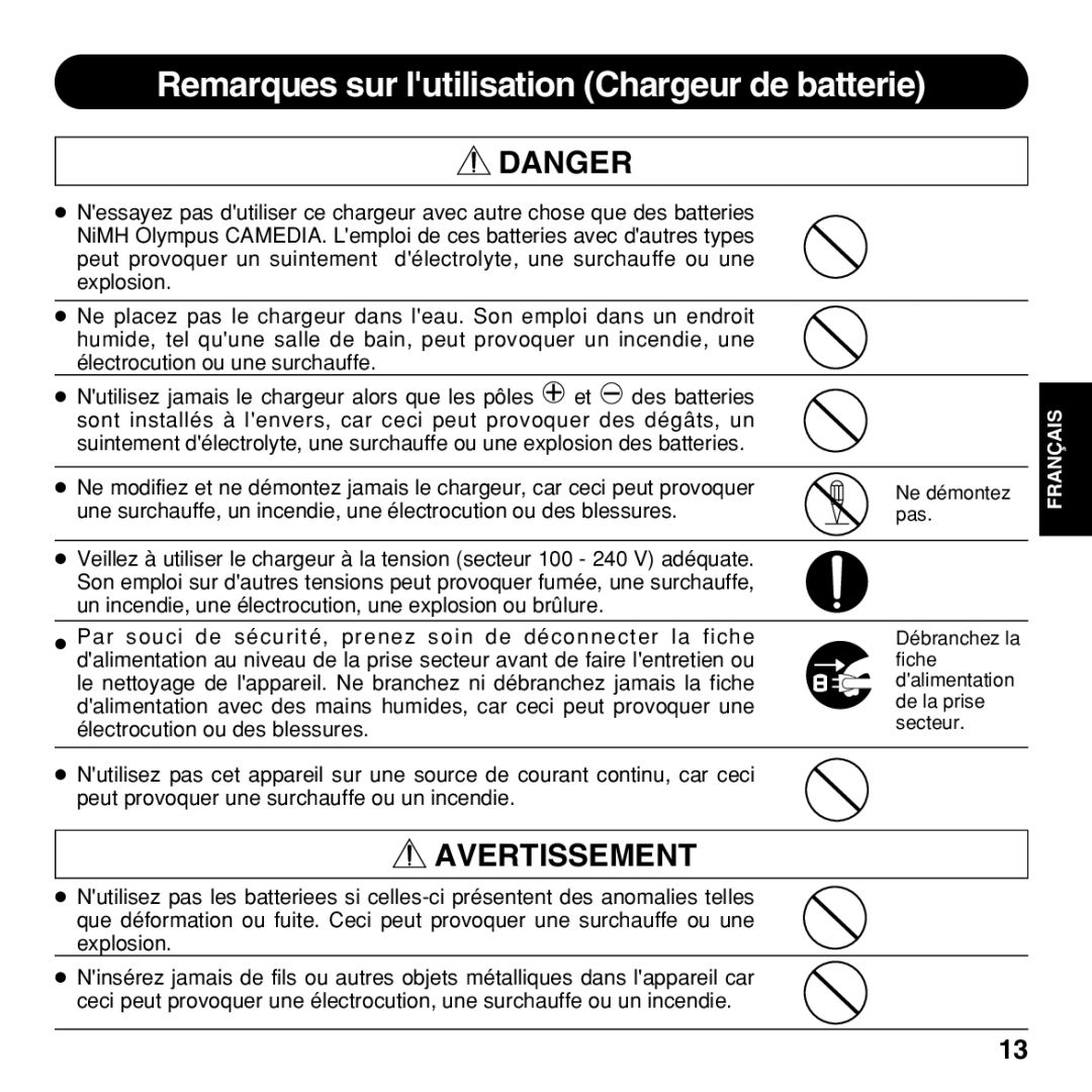 Olympus BU-200 instruction manual Remarques sur lutilisation Chargeur de batterie 