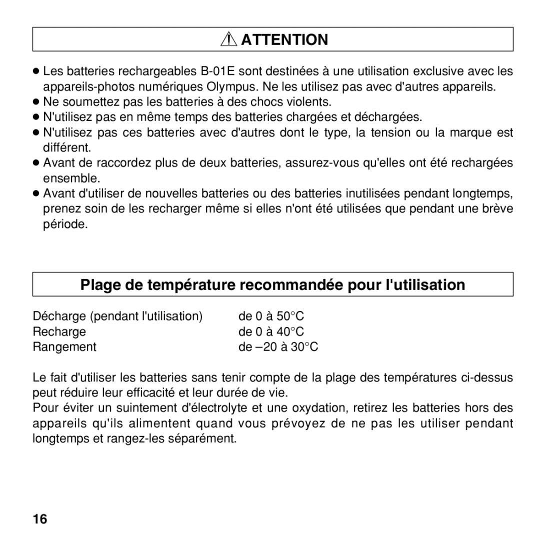 Olympus BU-200 instruction manual Plage de température recommandée pour lutilisation 